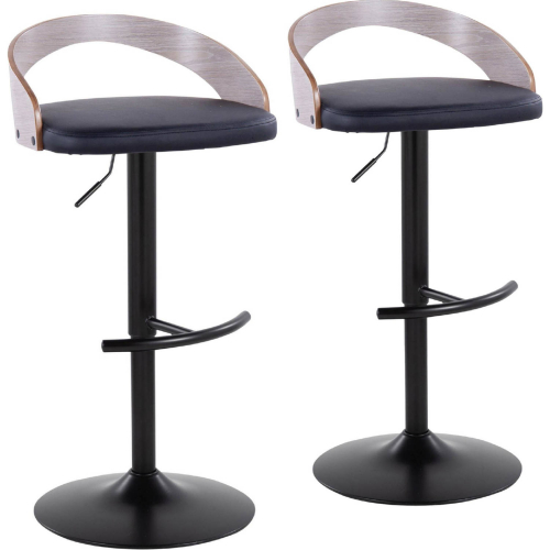 Grotto Adjustable Swivel Bar Stool in Black Metal, Light Grey Wood & Black Leatherette (Set of 2)